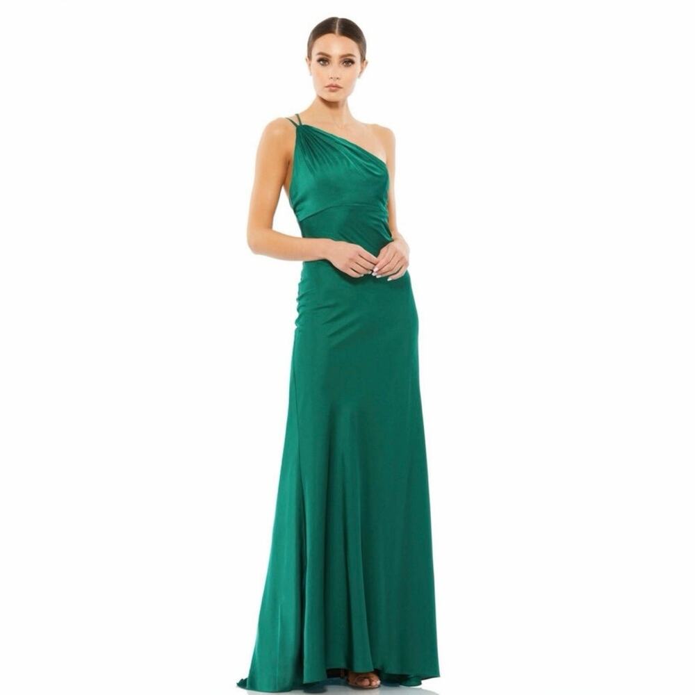 Mac Duggal Emerald Green One Shoulder Strappy Back Satin Formal Gown Size 4